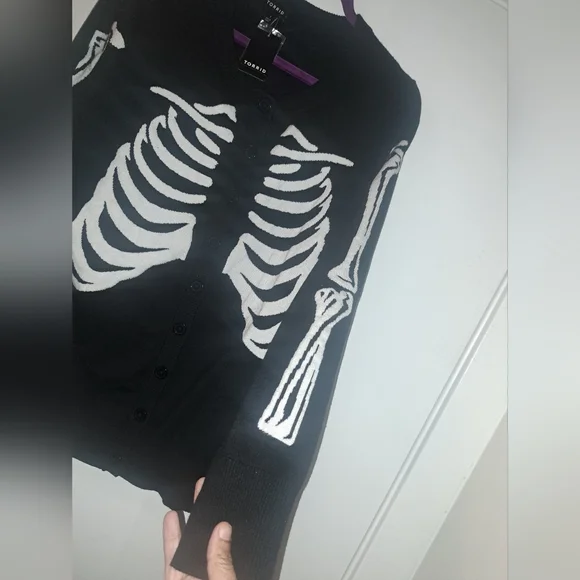 Button Up Torrid Black and White Skeleton Cardigan - Picture 2 of 3
